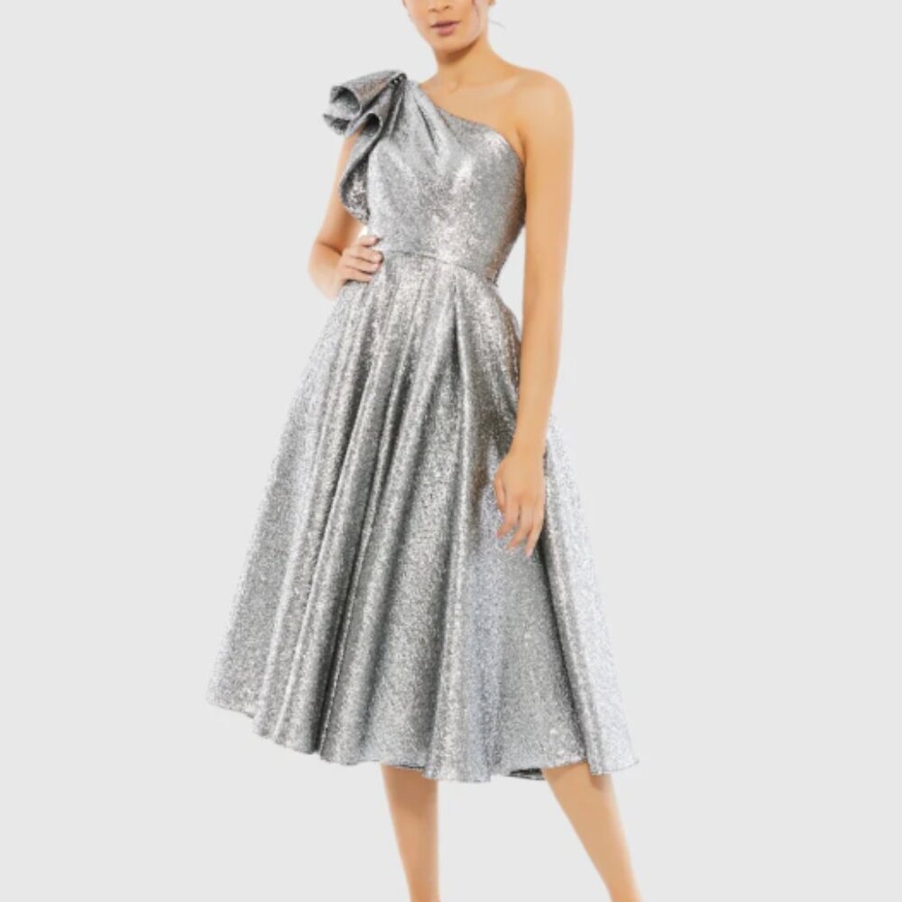 $498 NWT Brocade Silver One Shoulder Bow Midi Dress